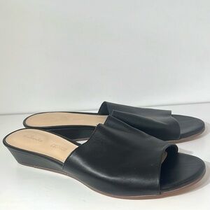Clarks Black Leather Mules with Open Toe Design